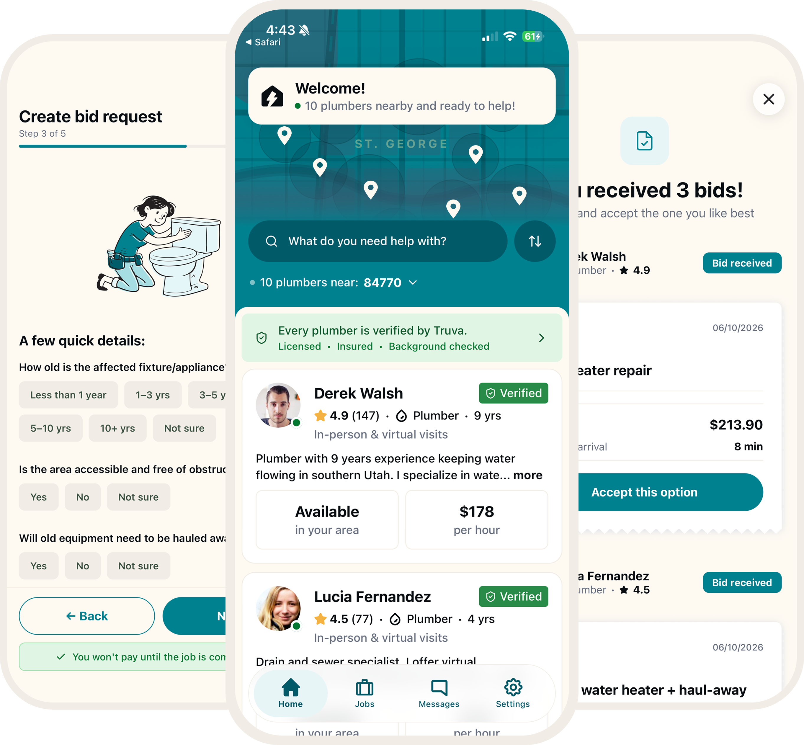 Truva app — booking, multi-bid, and home screens