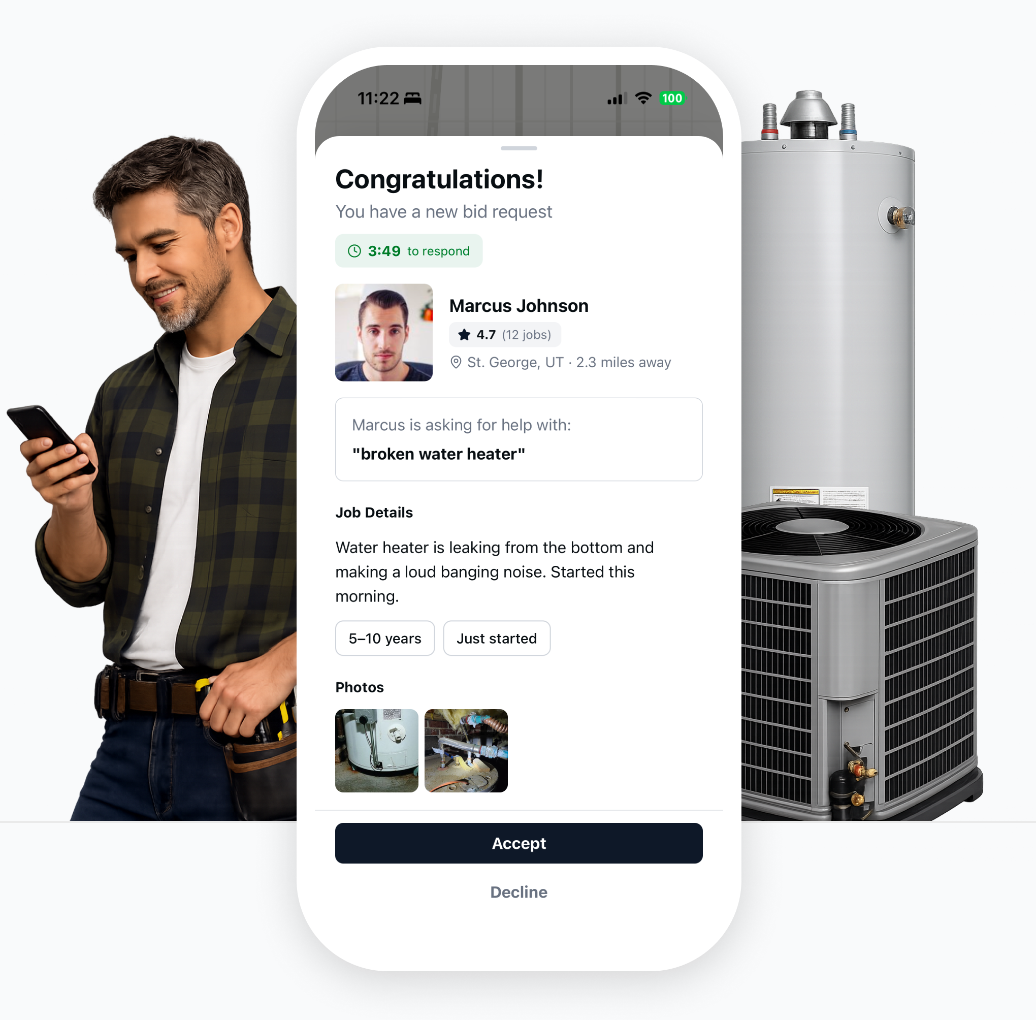 Technician receiving a job request on Truva